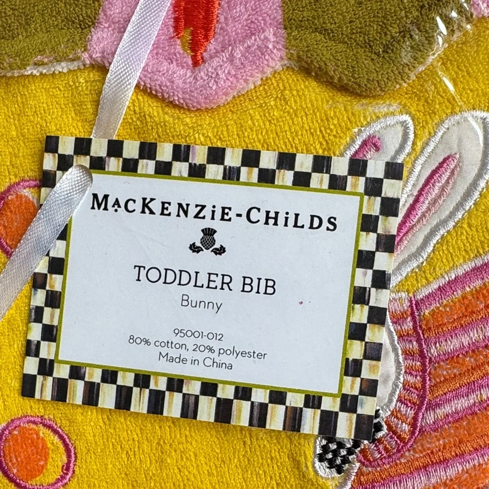 MacKenzie-Childs Yellow Bunny Toddler Bib with Pink and Orange Accents